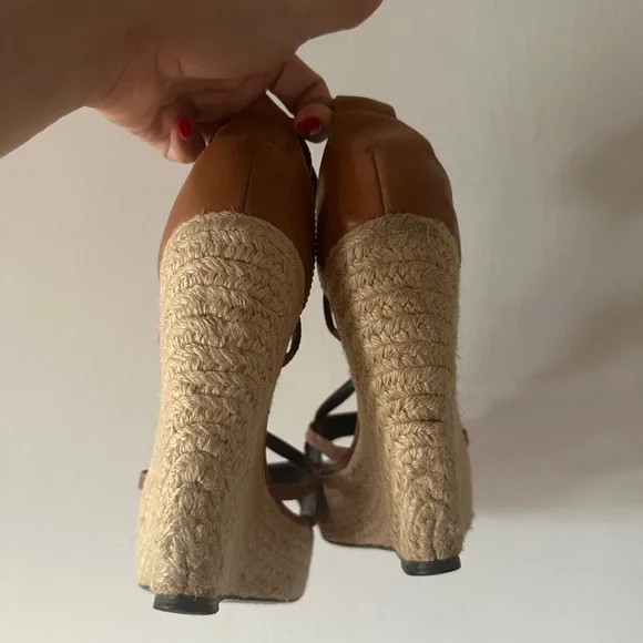 Burberry Brown Leather Novacheck Cross Strap Espadrille Wedge Sandals - Picture 3 of 8